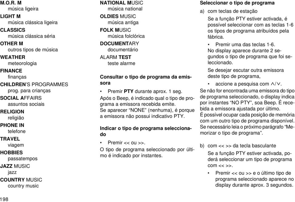 MUSIC música antiga FOLK MUSIC música folclórica DOCUMENTARY documentário ALARM TEST teste alarme Consultar o tipo de programa da emissora Premir PTY durante aprox. 1 seg.