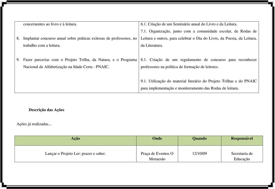 9. Fazer parcerias com o Projeto Trilha, da Natura, e o Programa Nacional de Alfabetização na Idade Certa - PNAIC. 8.1.