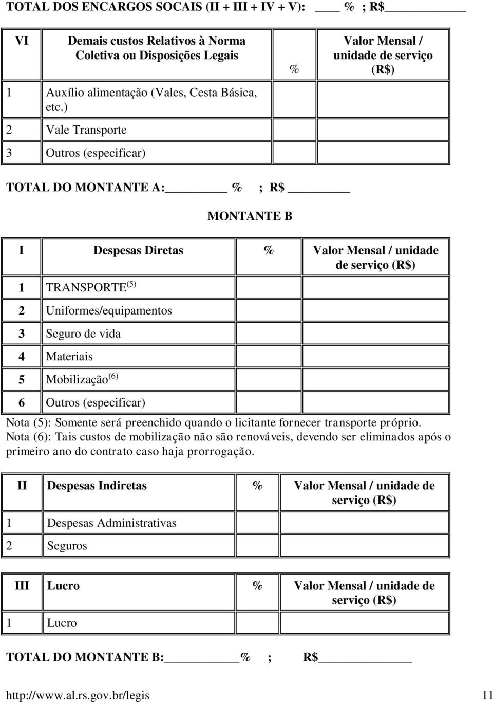 2 Uniformes/equipamentos 3 Seguro de vida 4 Materiais 5 Mobilização (6) 6 Outros (especificar) Nota (5): Somente será preenchido quando o licitante fornecer transporte próprio.