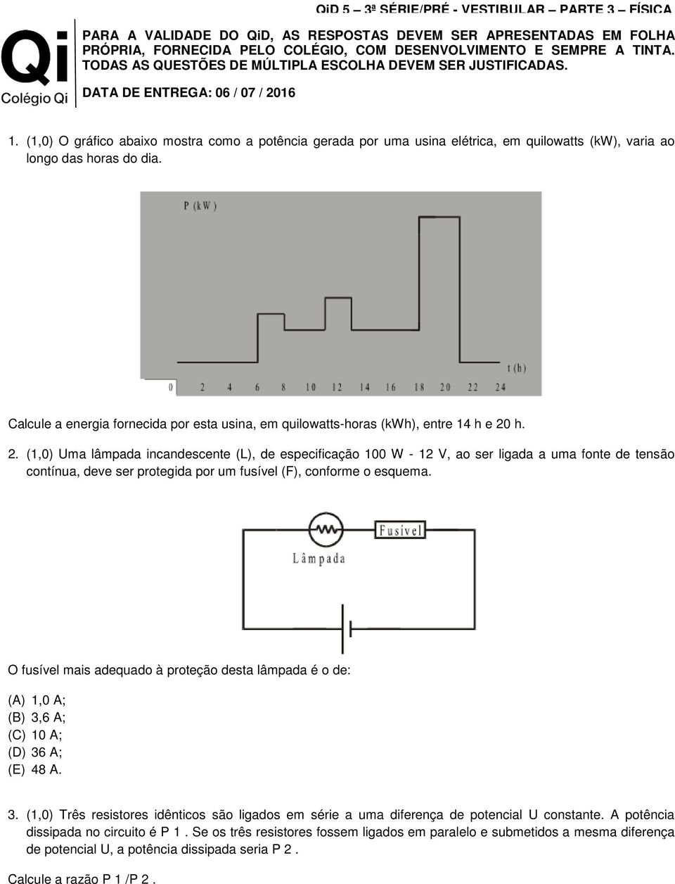 (1,0) O gráfico abaixo mostra como a potência gerada por uma usina elétrica, em quilowatts (kw), varia ao longo das horas do dia.