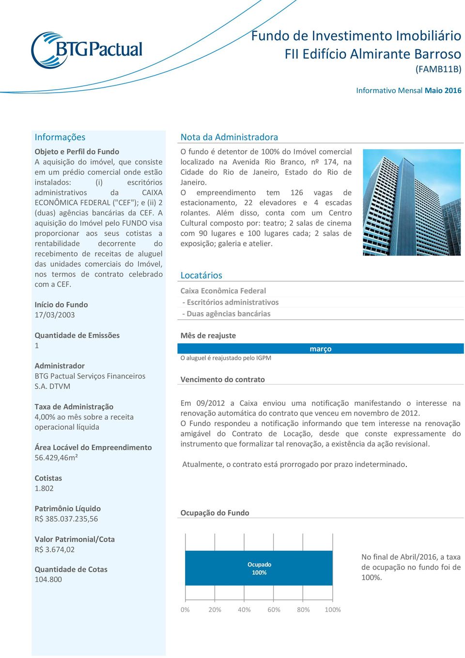 A aquisição do Imóvel pelo FUNDO visa proporcionar aos seus cotistas a rentabilidade decorrente do recebimento de receitas de aluguel das unidades comerciais do Imóvel, nos termos de contrato