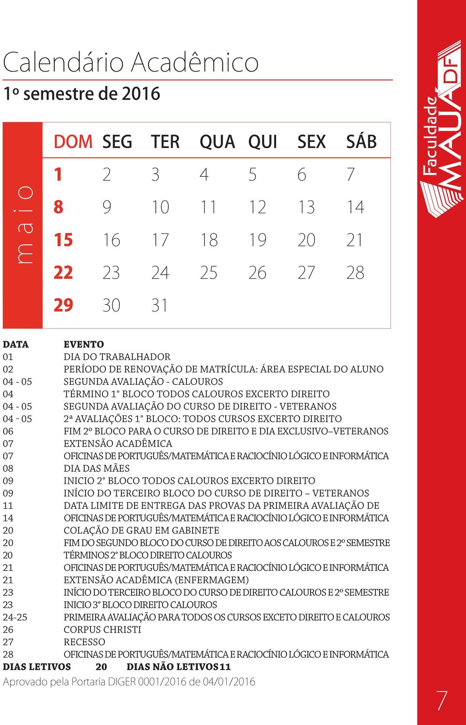 06 FIM 2º BLOCO PARA O CURSO DE DIREITO E DIA EXCLUSIVO VETERANOS 07 EXTENSÃO ACADÊMICA 07 OFICINAS DE PORTUGUÊS/MATEMÁTICA E RACIOCÍNIO LÓGICO E INFORMÁTICA 08 DIA DAS MÃES 09 INICIO 2 BLOCO TODOS