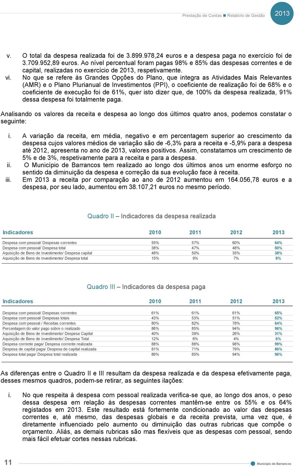 No que se refere às Grandes Opções do Plano, que integra as Atividades Mais Relevantes (AMR) e o Plano Plurianual de Investimentos (PPI), o coeficiente de realização foi de 68% e o coeficiente de