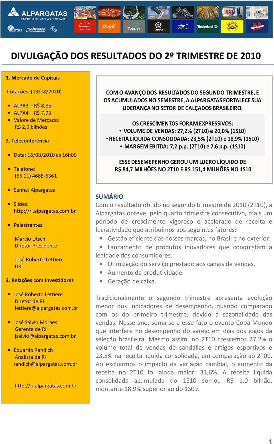 Relações com Investidores José Roberto Lettiere Diretor de RI lettiere@alpargatas.com.br José Sálvio Moraes Gerente de RI jsalvio@alpargatas.com.br Eduardo Randich Analista de RI randich@alpargatas.