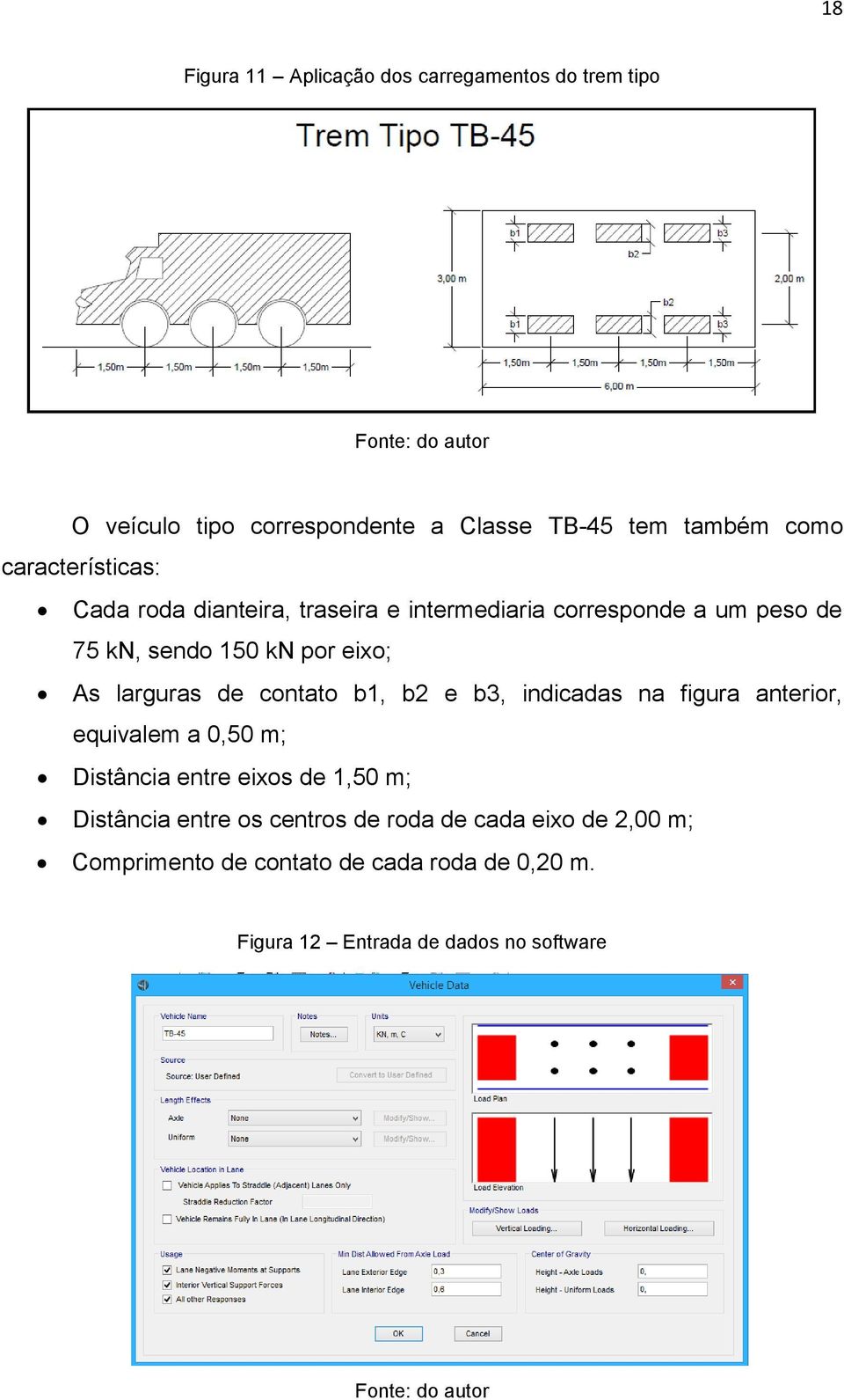 de contato b1, b2 e b3, indicadas na figura anterior, equivalem a 0,50 m; Distância entre eixos de 1,50 m; Distância entre os