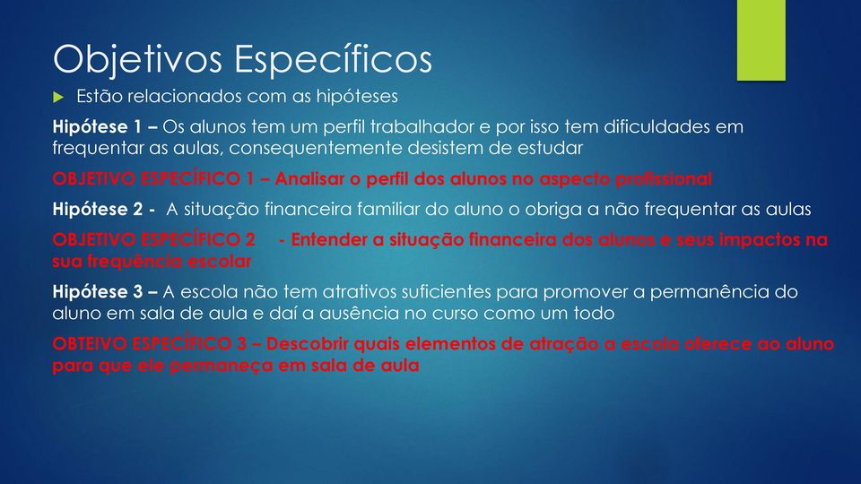 ESPECÍFICO 2 sua frequência escolar - Entender a situação financeira dos alunos e seus impactos na Hipótese 3 A escola não tem atrativos suficientes para promover a permanência do