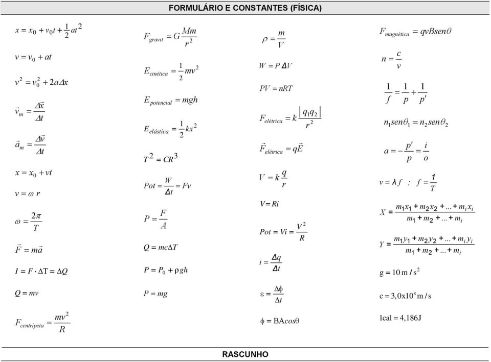 V = k r V = R = qe V Pot = V = R q = t q q 1 r F magnétca = qvbsenθ c n = v 1 1 1 = + f p p 1senθ1 nsenθ n = p a = = p o 1 v = λ f ; f = T m1x1 + mx +.