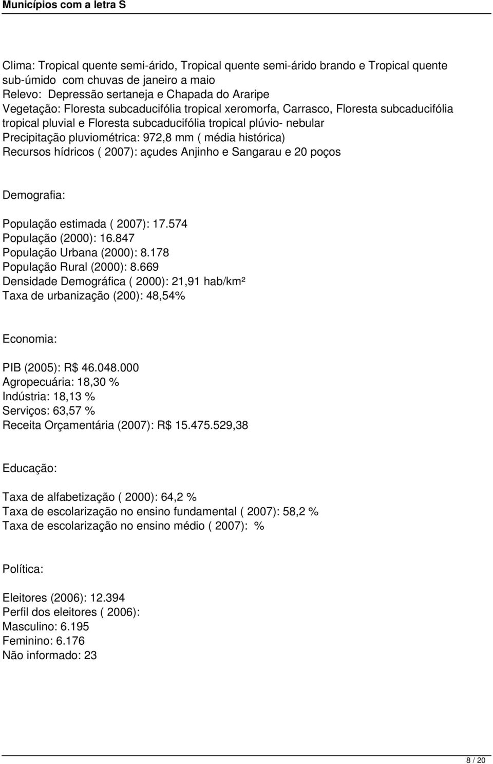 Recursos hídricos ( 2007): açudes Anjinho e Sangarau e 20 poços População estimada ( 2007): 17.574 População (2000): 16.847 População Urbana (2000): 8.178 População Rural (2000): 8.