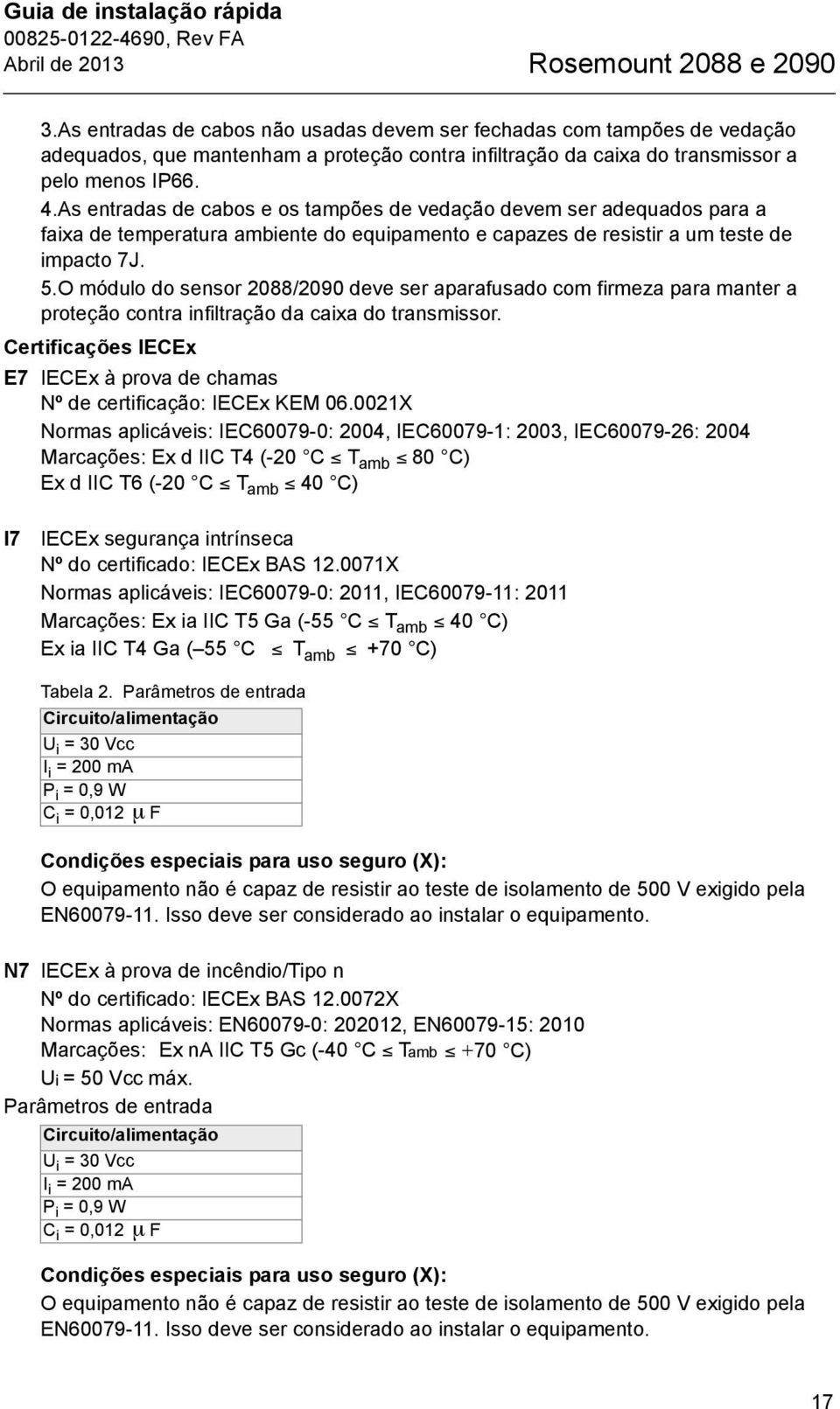 As entradas de cabos e os tampões de vedação devem ser adequados para a faixa de temperatura ambiente do equipamento e capazes de resistir a um teste de impacto 7J. 5.