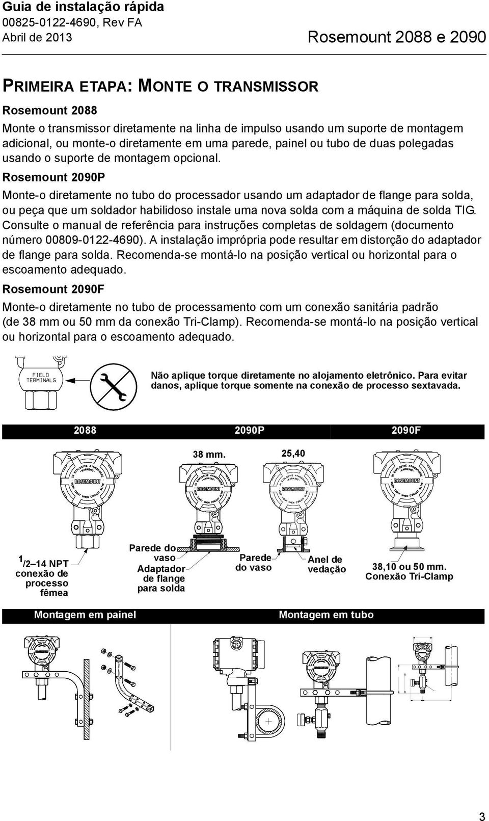 Rosemount 2090P Monte-o diretamente no tubo do processador usando um adaptador de flange para solda, ou peça que um soldador habilidoso instale uma nova solda com a máquina de solda TIG.