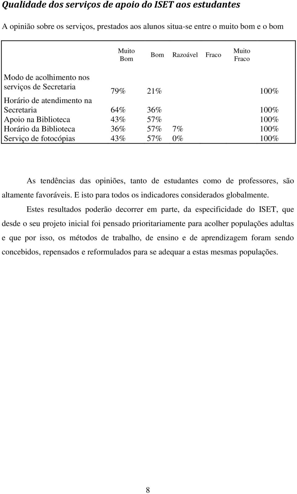 tendências das opiniões, tanto de estudantes como de professores, são altamente favoráveis. E isto para todos os indicadores considerados globalmente.