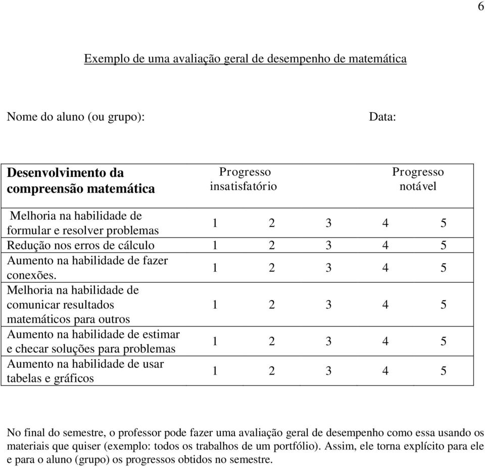 Melhoria na habilidade de comunicar resultados matemáticos para outros Aumento na habilidade de estimar e checar soluções para problemas Aumento na habilidade de usar tabelas e gráficos