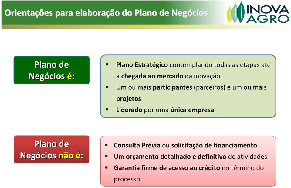 Liderado por uma única empresa Plano de Negócios não é: Consulta Prévia ou solicitação de financiamento Um