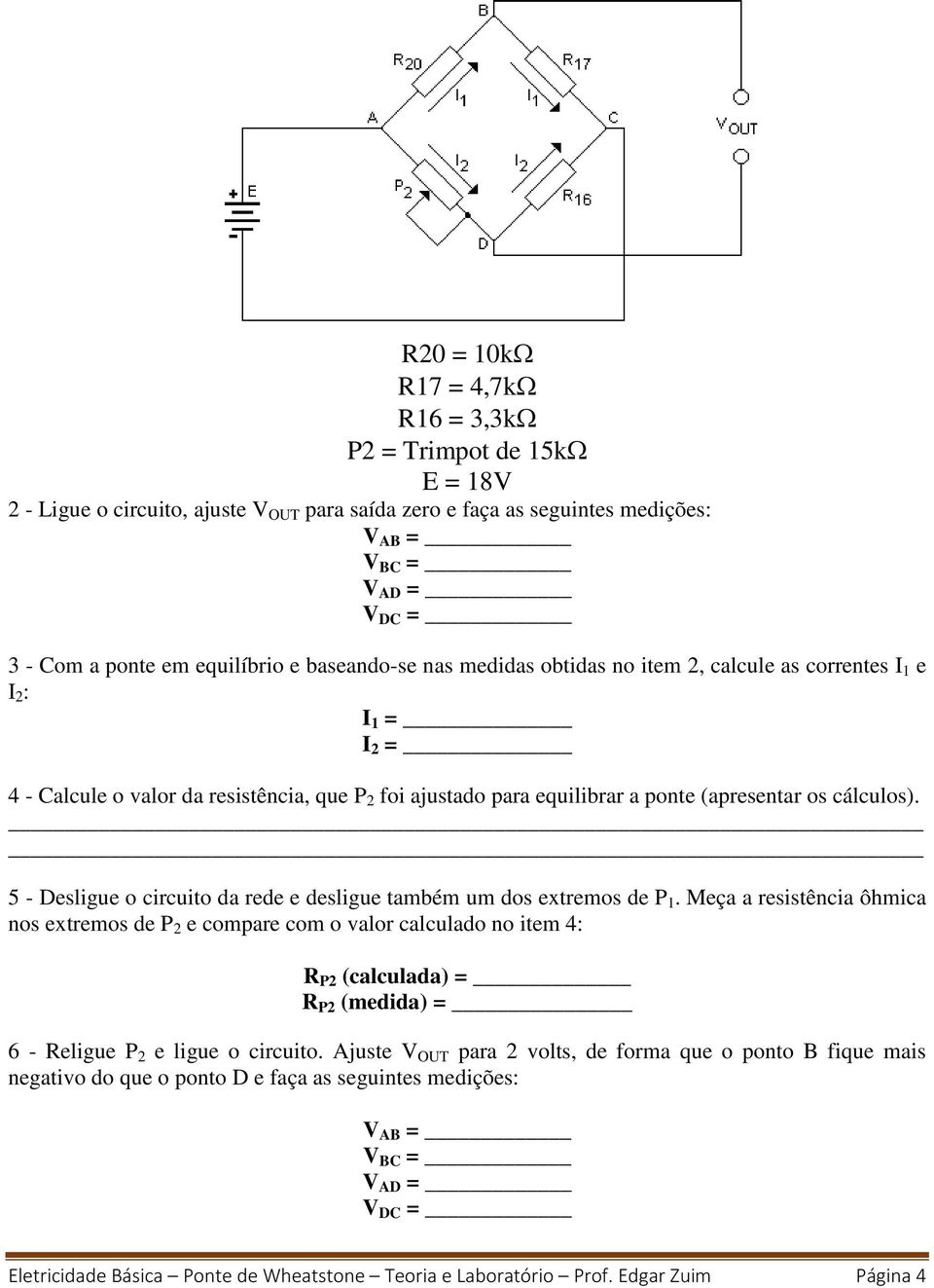 cálculos). 5 - Desligue o circuito da rede e desligue também um dos extremos de P 1.