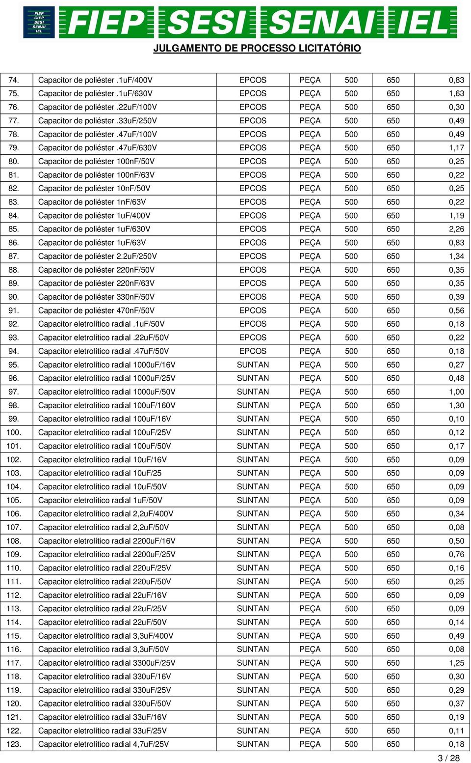 Capacitor de poliéster 100nF/50V EPCOS PEÇA 500 650 0,25 81. Capacitor de poliéster 100nF/63V EPCOS PEÇA 500 650 0,22 82. Capacitor de poliéster 10nF/50V EPCOS PEÇA 500 650 0,25 83.