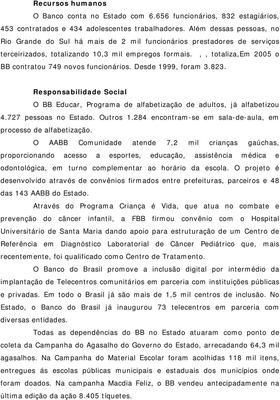 ,, totaliza,em 2005 o BB contratou 749 novos funcionários. Desde 1999, foram 3.823. Responsabilidade Social O BB Educar, Programa de alfabetização de adultos, já alfabetizou 4.727 pessoas no Estado.