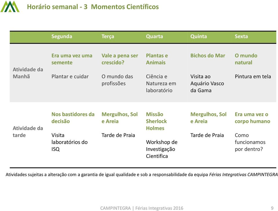 da decisão Visita laboratórios do ISQ Mergulhos, Sol e Areia Tarde de Praia Missão Sherlock Holmes Workshop de Investigação Cientifica Mergulhos, Sol e Areia Tarde de Praia Era uma vez o