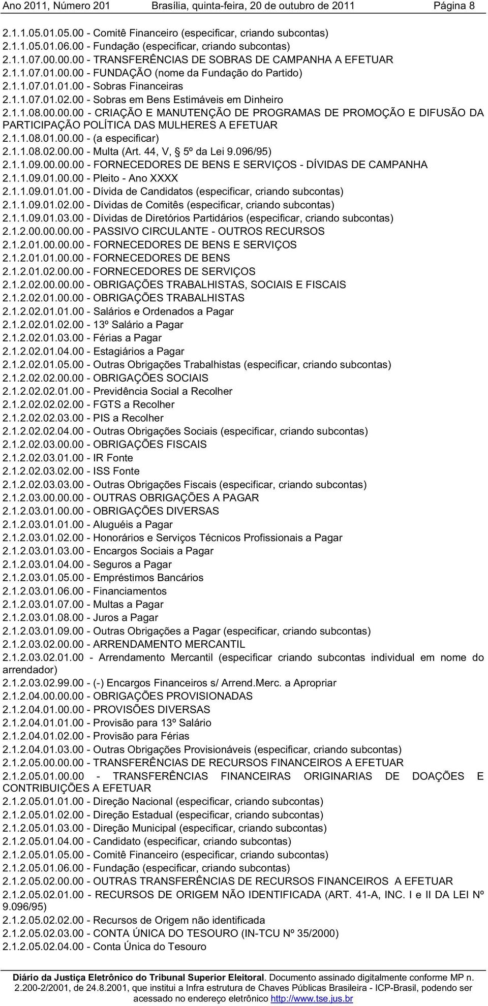 1.1.08.01.00.00 - (a especificar) 2.1.1.08.02.00.00 - Multa (Art. 44, V, 5º da Lei 9.096/95) 2.1.1.09.00.00.00 - FORNECEDORES DE BENS E SERVIÇOS - DÍVIDAS DE CAMPANHA 2.1.1.09.01.00.00 - Pleito - Ano XXXX 2.