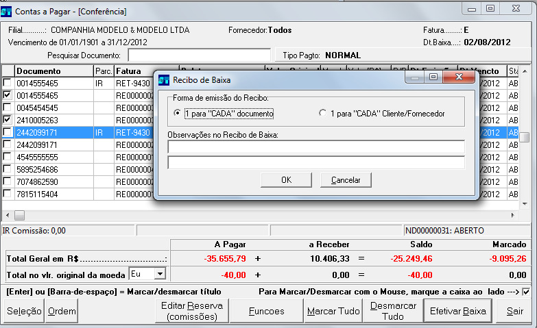 9-Inclusão da opção de separar os recibos de baixa por fornecedor na baixa através da conferência.