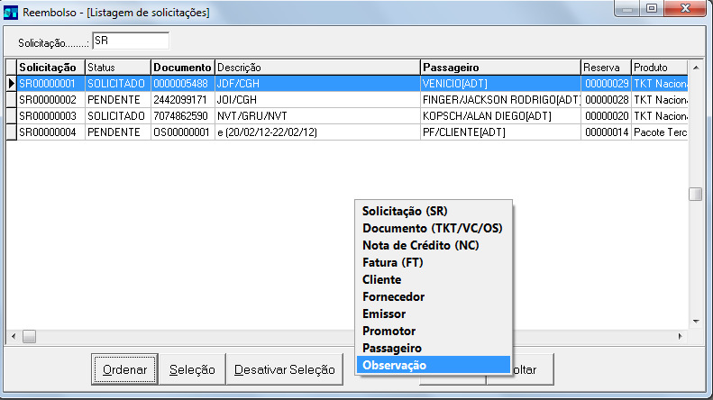 15-Inclusão da coluna "Observação" na consulta de reembolsos, com opção de ordenação e pesquisa por este campo.