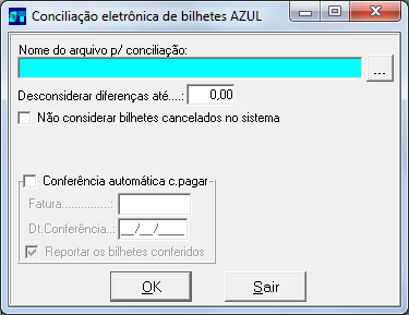 Cadastros > estoques de Bilhetes > funções especiais > Conciliação eletrônica de bilhetes esferatur 23-Inclusão da conciliação de bilhete AZUL.