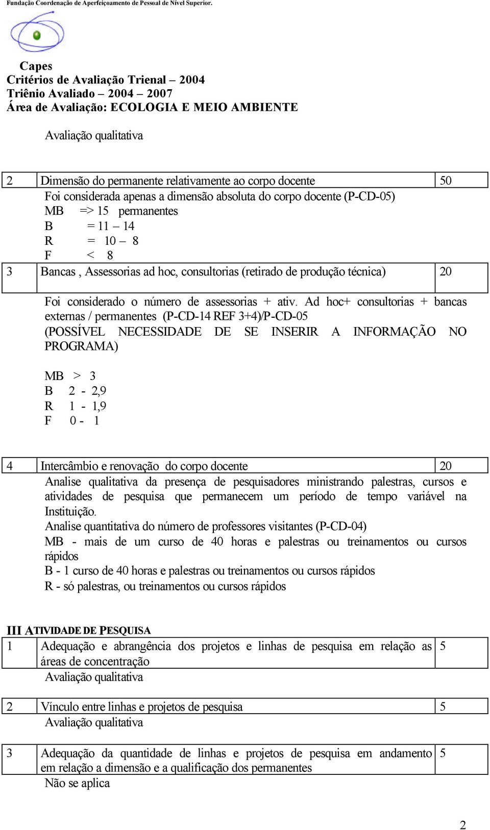 Ad hoc+ consultorias + bancas externas / permanentes (P-CD-14 REF 3+4)/P-CD-0 (POSSÍVEL NECESSIDADE DE SE INSERIR A INFORMAÇÃO NO PROGRAMA) MB > 3 B 2-2,9 R 1-1,9 F 0-1 4 Intercâmbio e renovação do