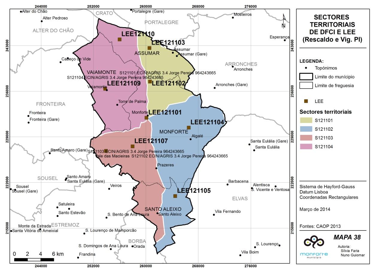 Figura 6: Mapa dos sectores territoriais de DFCI e LEE: rescaldo e vigilância pós-incêndio no município de Monforte Relativamente à despistagem das causas dos incêndios, cabe ao SEPNA, através dos