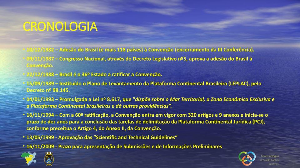 15/09/1989 Instituído o Plano de Levantamento da Plataforma Continental Brasileira (LEPLAC), pelo Decreto nº 98.145. 04/01/1993 Promulgada a Lei nº 8.