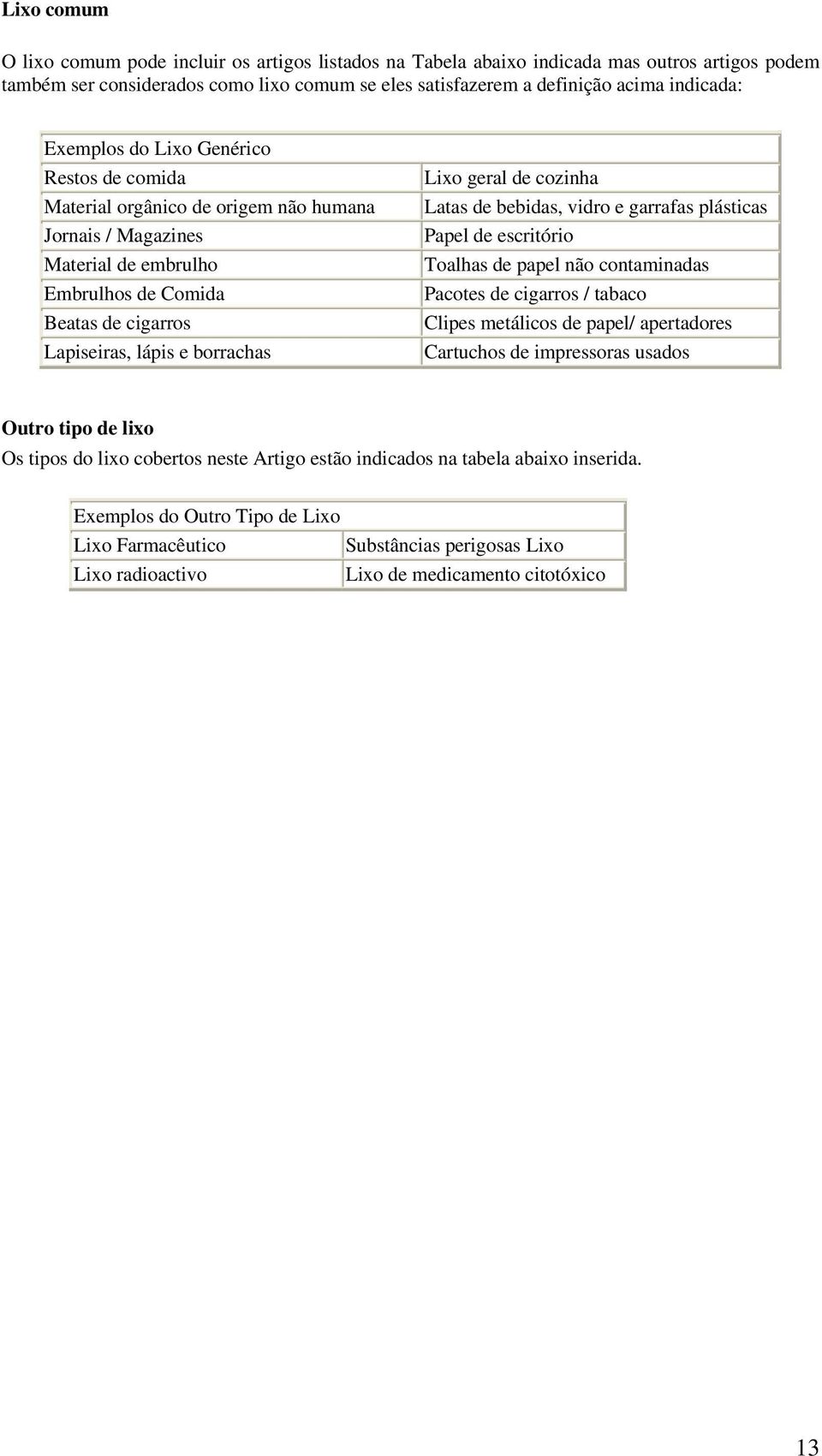 geral de cozinha Latas de bebidas, vidro e garrafas plásticas Papel de escritório Toalhas de papel não contaminadas Pacotes de cigarros / tabaco Clipes metálicos de papel/ apertadores Cartuchos de