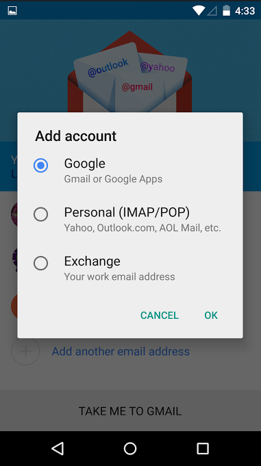 Adicionar contas Agora você pode adicionar contas que não sejam do Gmail ao aplicativo do Gmail e configurar uma Caixa de entrada separada para esses endereços usando POP/IMAP.