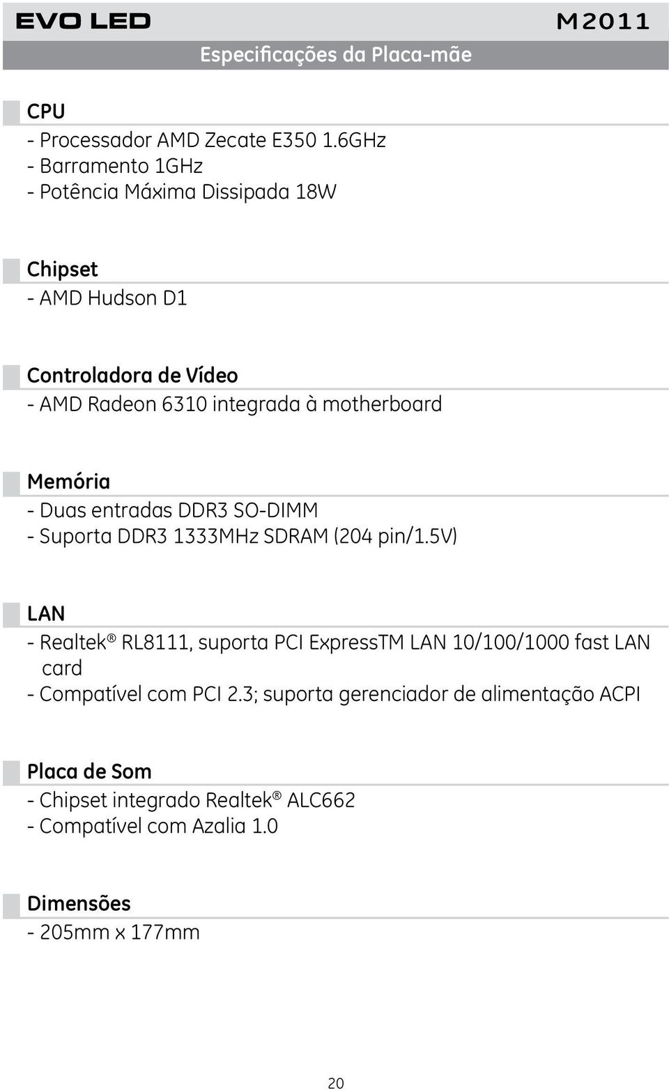 motherboard Memória - Duas entradas DDR3 SO-DIMM - Suporta DDR3 1333MHz SDRAM (204 pin/1.