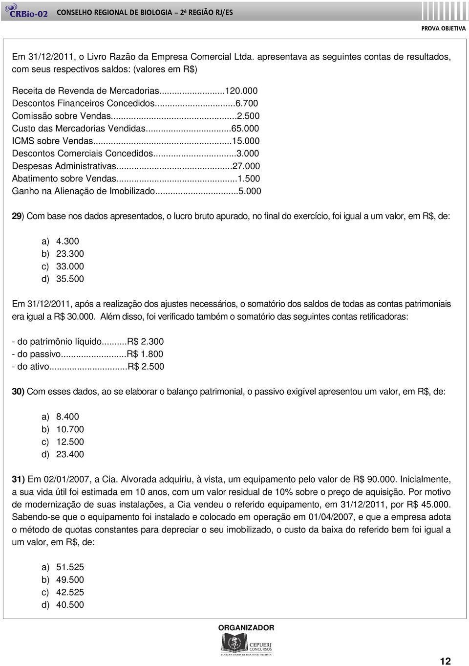 000 Despesas Administrativas...27.000 Abatimento sobre Vendas...1.500 Ganho na Alienação de Imobilizado...5.000 29) Com base nos dados apresentados, o lucro bruto apurado, no final do exercício, foi igual a um valor, em R$, de: a) 4.