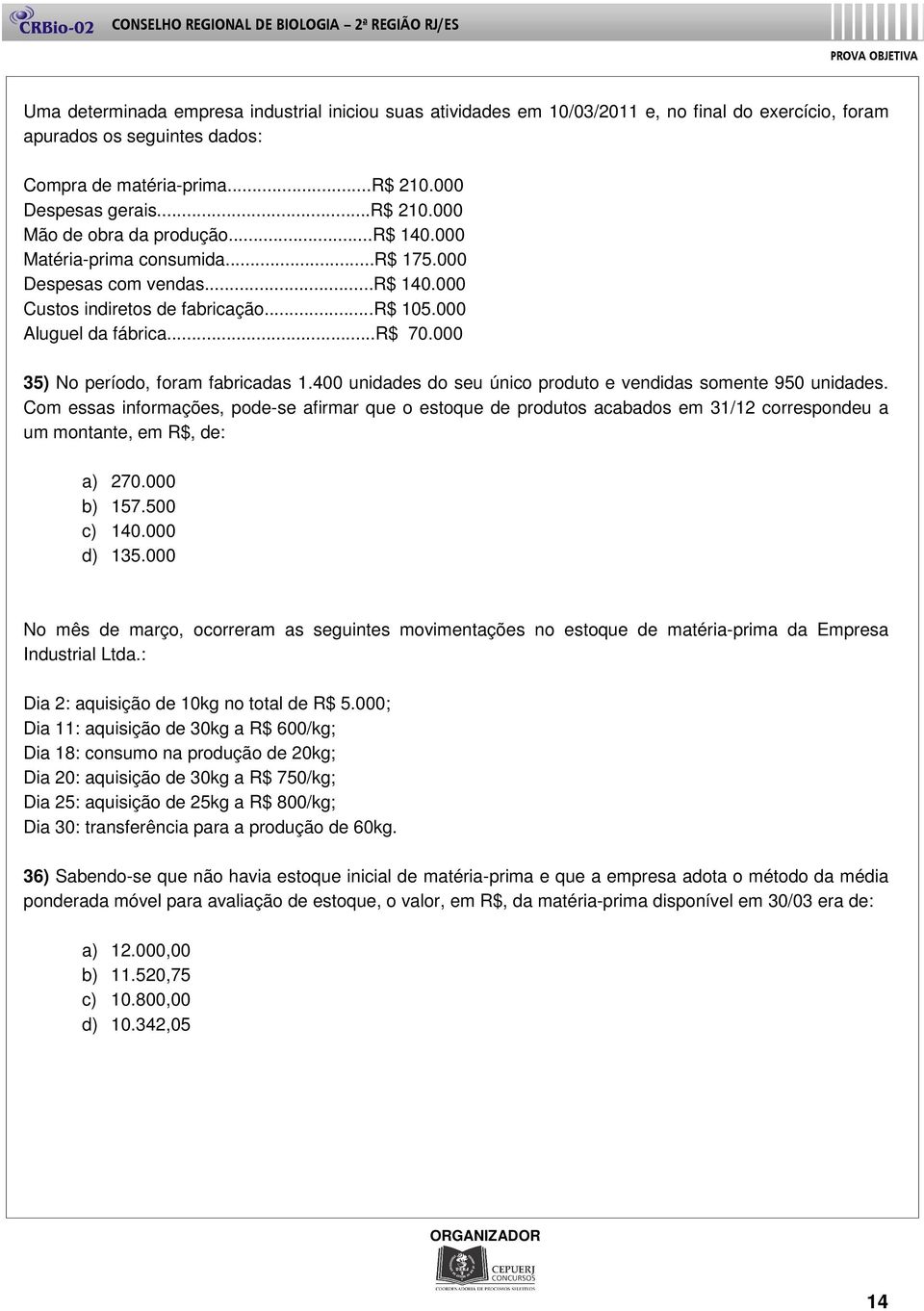 400 unidades do seu único produto e vendidas somente 950 unidades. Com essas informações, pode-se afirmar que o estoque de produtos acabados em 31/12 correspondeu a um montante, em R$, de: a) 270.