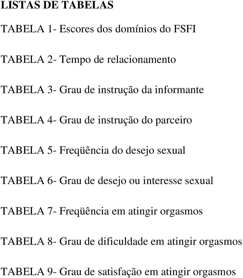 Freqüência do desejo sexual TABELA 6- Grau de desejo ou interesse sexual TABELA 7- Freqüência em