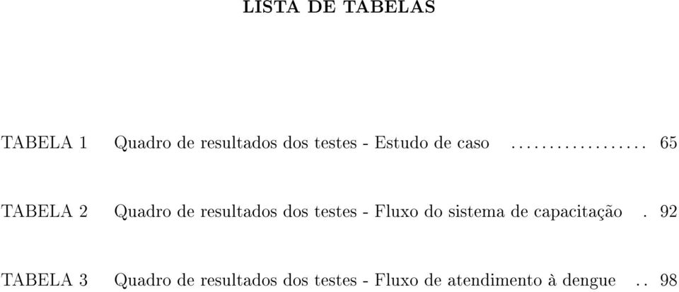 ................. 65 TABELA 2 Quadro de resultados dos testes