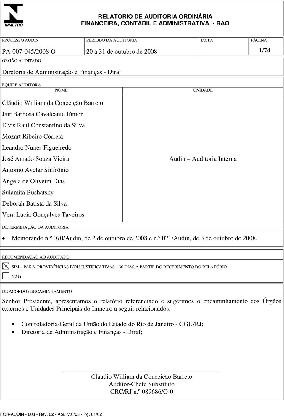 Oliveira Dias Sulamita Bushatsky Deborah Batista da Silva Vera Lucia Gonçalves Taveiros Audin Auditoria Interna DETERMINAÇÃO DA AUDITORIA Memorando n.º 070/Audin, de 2 de outubro de 2008 e n.