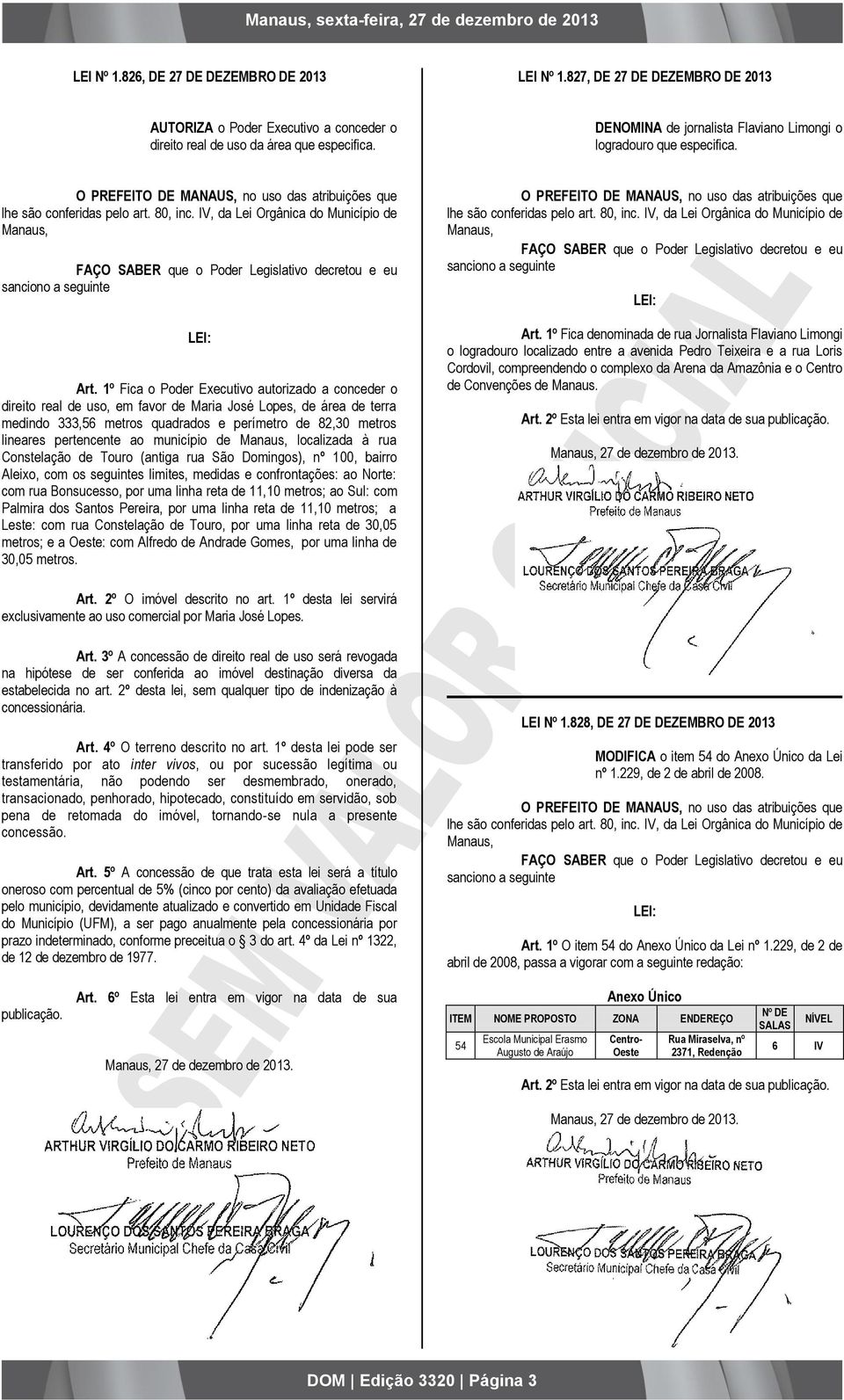 IV, da Lei Orgânica do Município de Manaus, FAÇO SABER que o Poder Legislativo decretou e eu sanciono a seguinte LEI: Art.