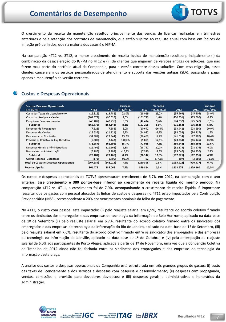 3T12, o menor crescimento de receita líquida de manutenção resultou principalmente (i) da combinação da desaceleração do IGP-M no 4T12 e (ii) de clientes que migaram de versões antigas de soluções,