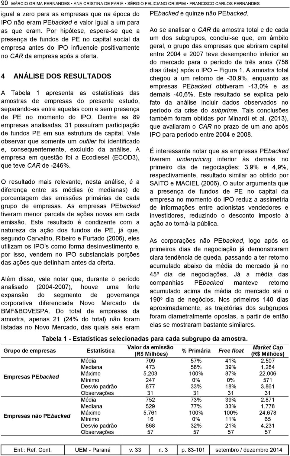 4 ANÁLISE DOS RESULTADOS A Tabela 1 apresenta as estatísticas das amostras de empresas do presente estudo, separando-as entre aquelas com e sem presença de PE no momento do IPO.