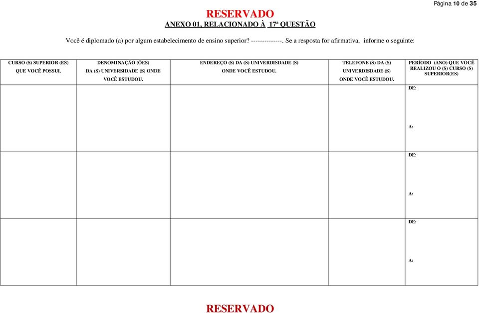 DENOMINAÇÃO (ÕES) DA (S) UNIVERSIDADE (S) ONDE VOCÊ ESTUDOU.