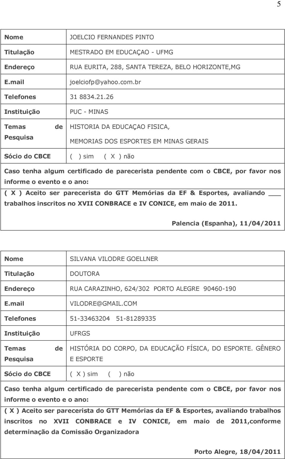 Aceito ser parecerista do GTT Memórias da EF & Esportes, avaliando trabalhos inscritos no XVII CONBRACE e IV CONICE, em maio 2011.