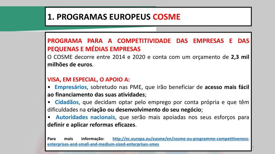 VISA, EM ESPECIAL, O APOIO A: Empresários, sobretudo nas PME, que irão beneficiar de acesso mais fácil ao financiamento das suas atividades; Cidadãos, que decidam optar pelo