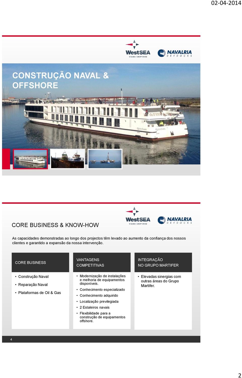 CORE BUSINESS VANTAGENS COMPETITIVAS INTEGRAÇÃO NO GRUPO MARTIFER Construção Naval Reparação Naval Plataformas de Oil & Gas Modernização de instalações