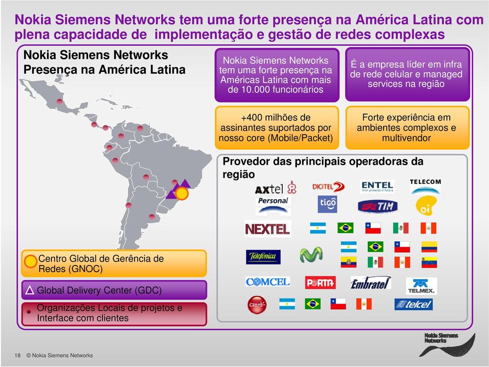 000 funcionários É a empresa líder em infra de rede celular e managed services na região +400 milhões de assinantes suportados por nosso core (/Packet) Forte