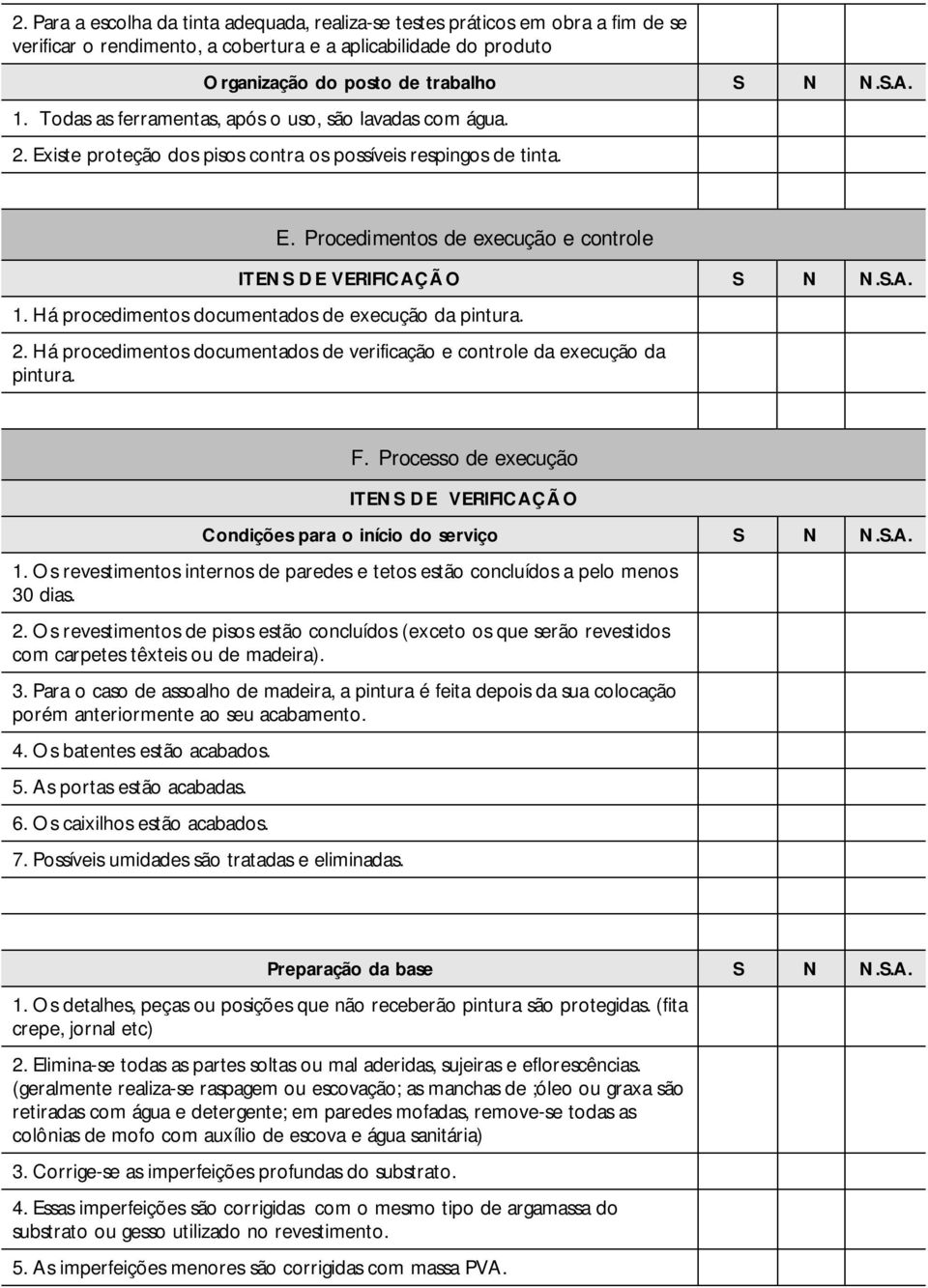 Há procedimentos documentados de execução da pintura. 2. Há procedimentos documentados de verificação e controle da execução da pintura. F.