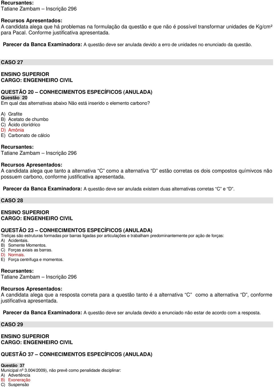 CASO 27 CARGO: ENGENHEIRO CIVIL QUESTÃO 20 CONHECIMENTOS ESPECÍFICOS (ANULADA) Questão 20 Em qual das alternativas abaixo Não está inserido o elemento carbono?