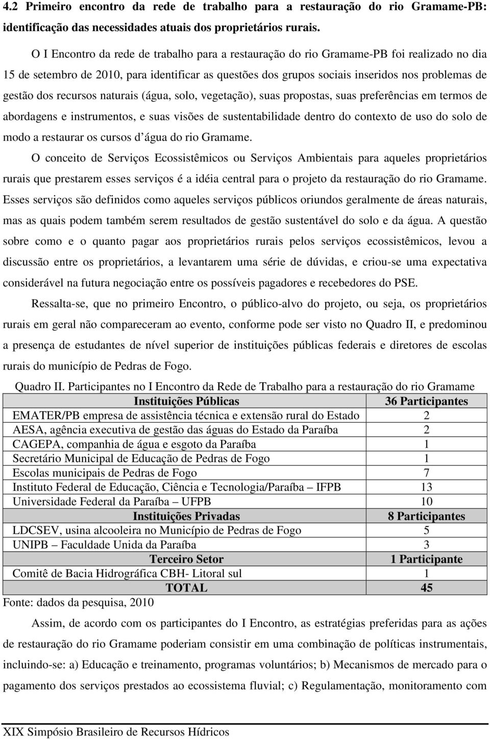 dos recursos naturais (água, solo, vegetação), suas propostas, suas preferências em termos de abordagens e instrumentos, e suas visões de sustentabilidade dentro do contexto de uso do solo de modo a