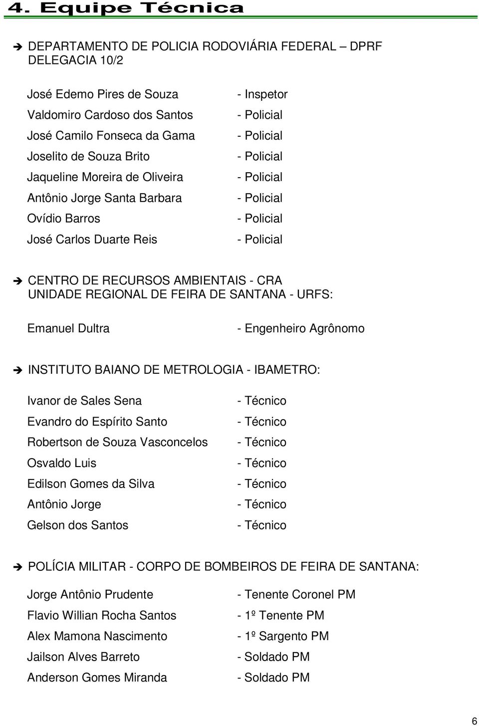 AMBIENTAIS - CRA UNIDADE REGIONAL DE FEIRA DE SANTANA - URFS: Emanuel Dultra - Engenheiro Agrônomo INSTITUTO BAIANO DE METROLOGIA - IBAMETRO: Ivanor de Sales Sena Evandro do Espírito Santo Robertson