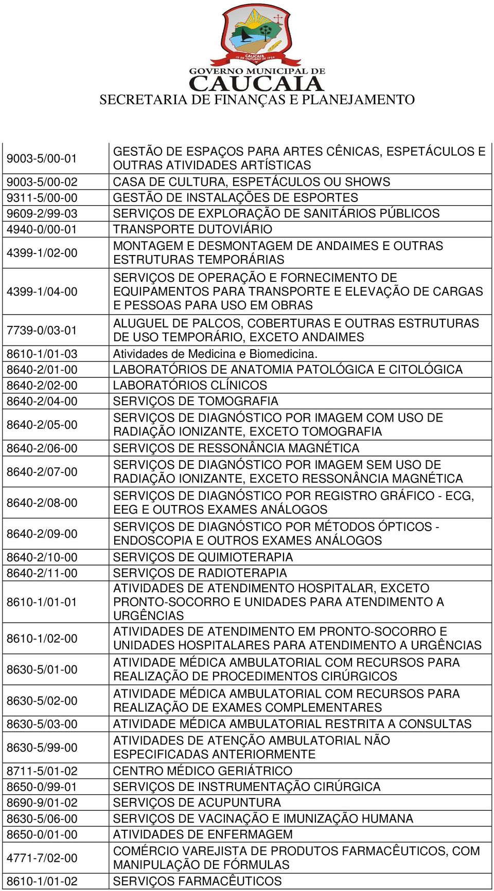 OPERAÇÃO E FORNECIMENTO DE EQUIPAMENTOS PARA TRANSPORTE E ELEVAÇÃO DE CARGAS E PESSOAS PARA USO EM OBRAS 7739-0/03-01 ALUGUEL DE PALCOS, COBERTURAS E OUTRAS ESTRUTURAS DE USO TEMPORÁRIO, EXCETO