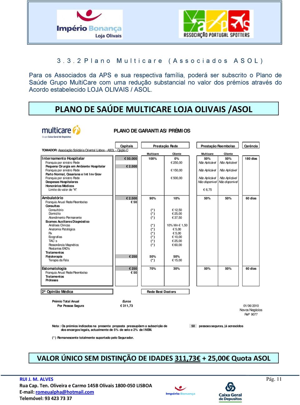 PLANO DE SAÚDE MULTICARE LOJA OLIVAIS /ASOL PLANO DE GARANTIAS/PRÉMIOS Capitais Prestação Rede Prestação Reembolso Carência TOMADOR: Associação Solidária Oriental Lisboa - ASOL - Opção C Multicare